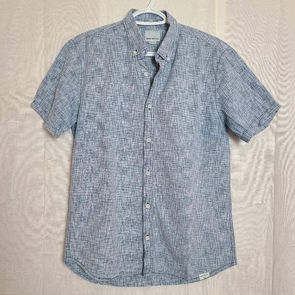 Shine Original Men's M Button-Down Shirt Marled Blue Cotton Short Sleeves FLAWED